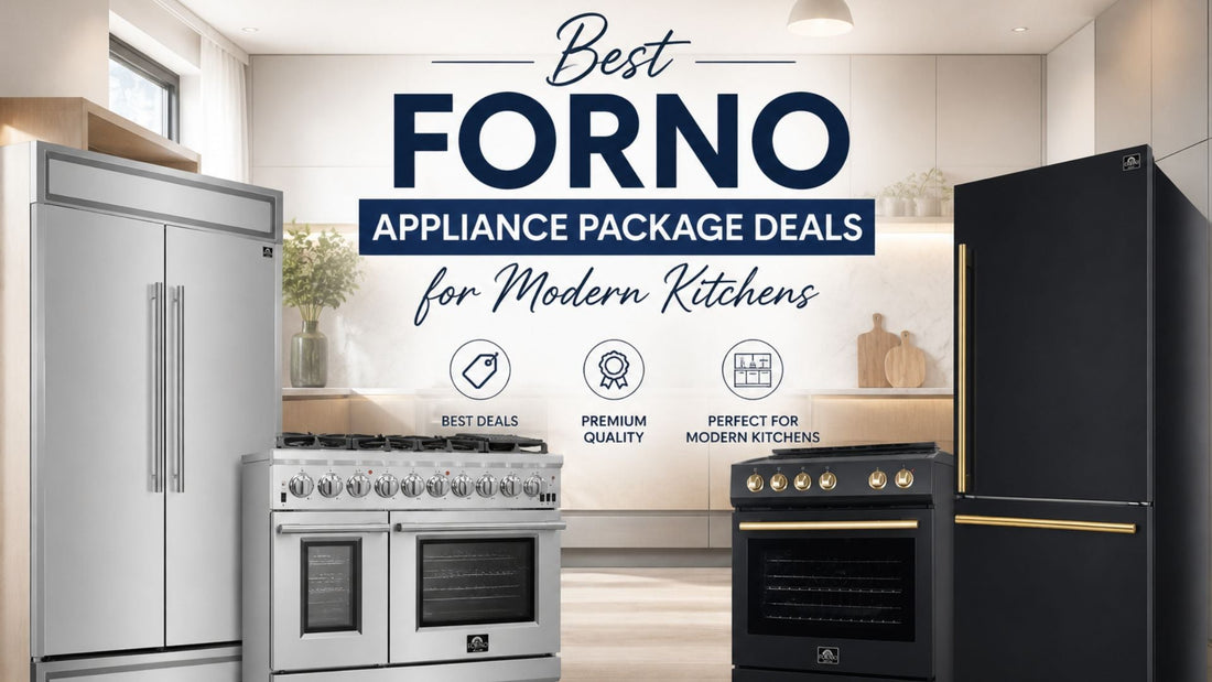 Forno kitchen appliance package deals with modern stainless steel and black appliances