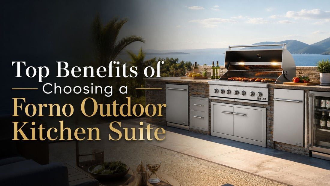 Forno outdoor kitchen suite with stainless steel grill, cabinets, and beverage fridge in a modern backyard setting, illustrating the benefits of a complete outdoor cooking setup