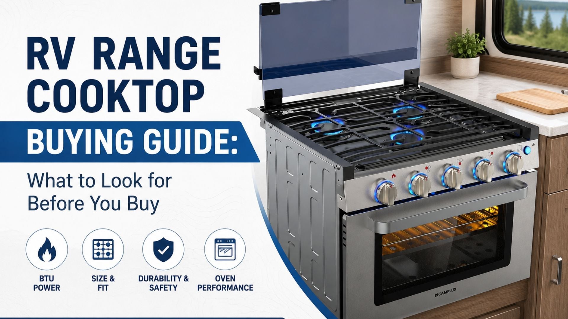 RV range cooktop buying guide banner featuring a stainless steel 3-burner propane oven range inside a modern RV kitchen interior.