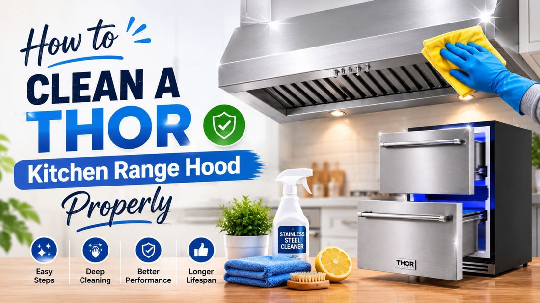 THOR Kitchen range hood cleaning guide banner with stainless steel vent hood, removable filters, and modern kitchen appliances