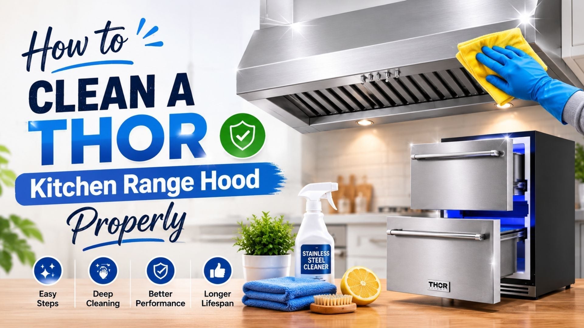 THOR Kitchen range hood cleaning guide banner with stainless steel vent hood, removable filters, and modern kitchen appliances