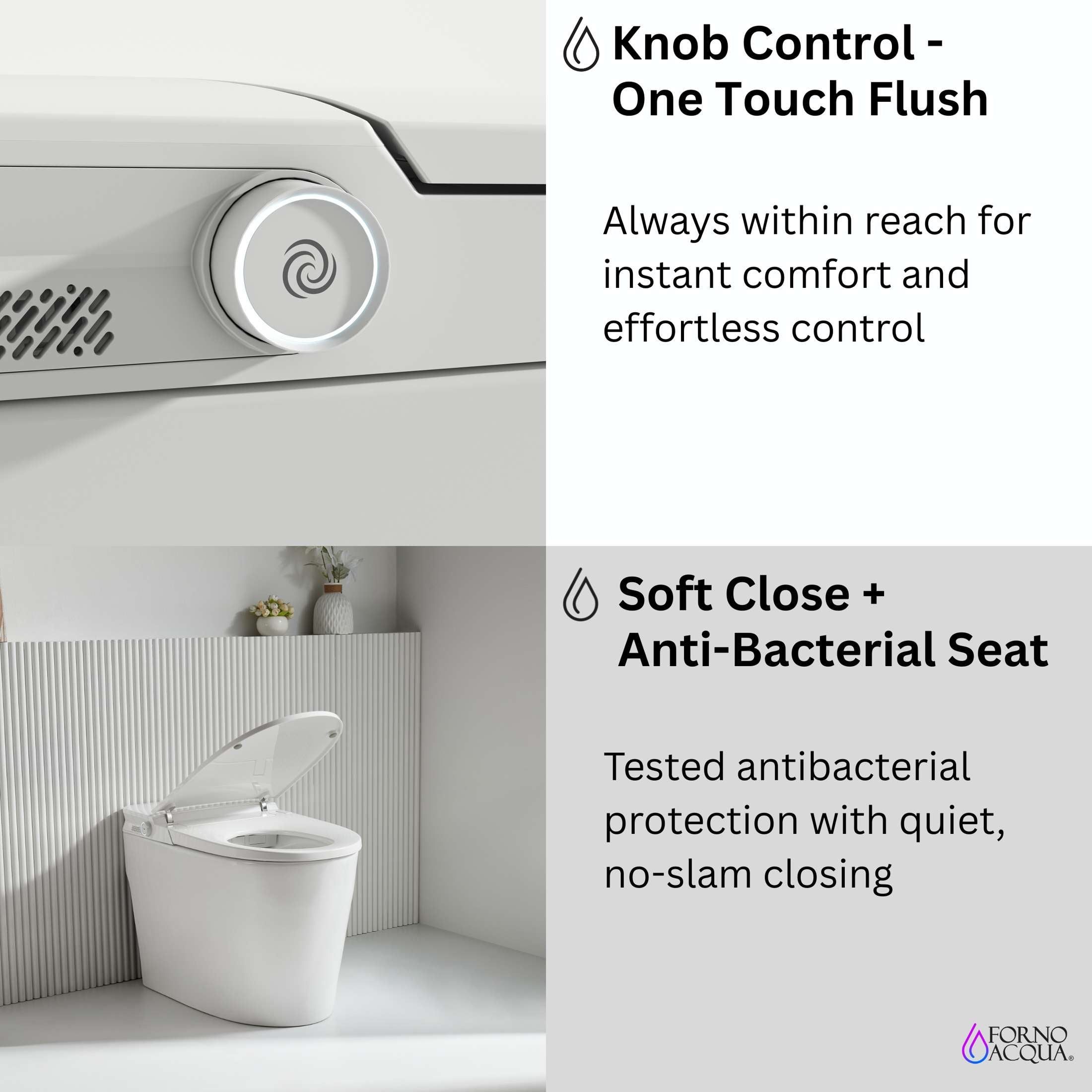 FORNO ACQUA Luxurious Smart Toilet. Includes Auto Flush, Powerful Flush, sleek tankless design Ideal for Powder Rooms.