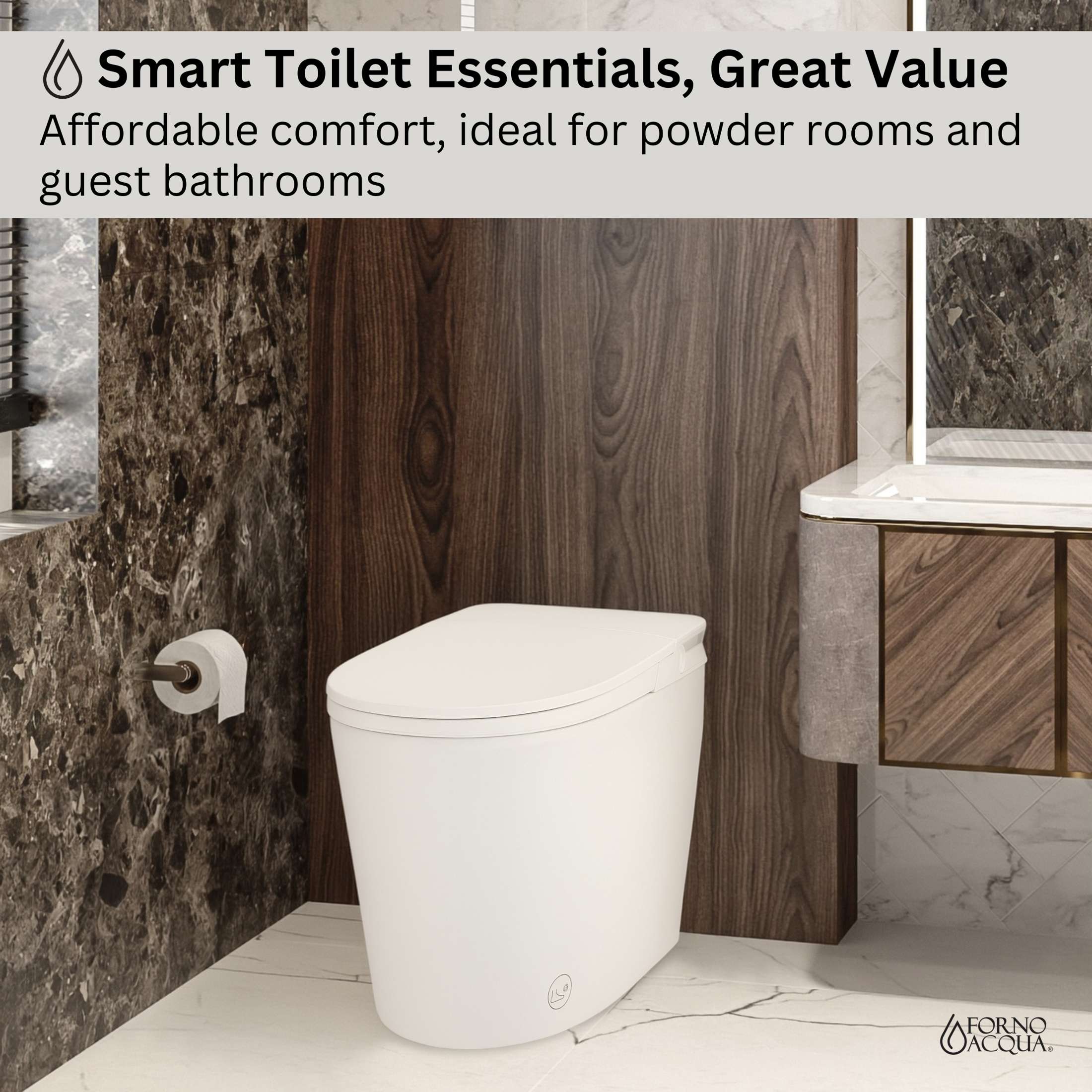 FORNO ACQUA Luxurious Smart Toilet. Includes Auto Flush, Powerful Flush, sleek tankless design Ideal for Powder Rooms.