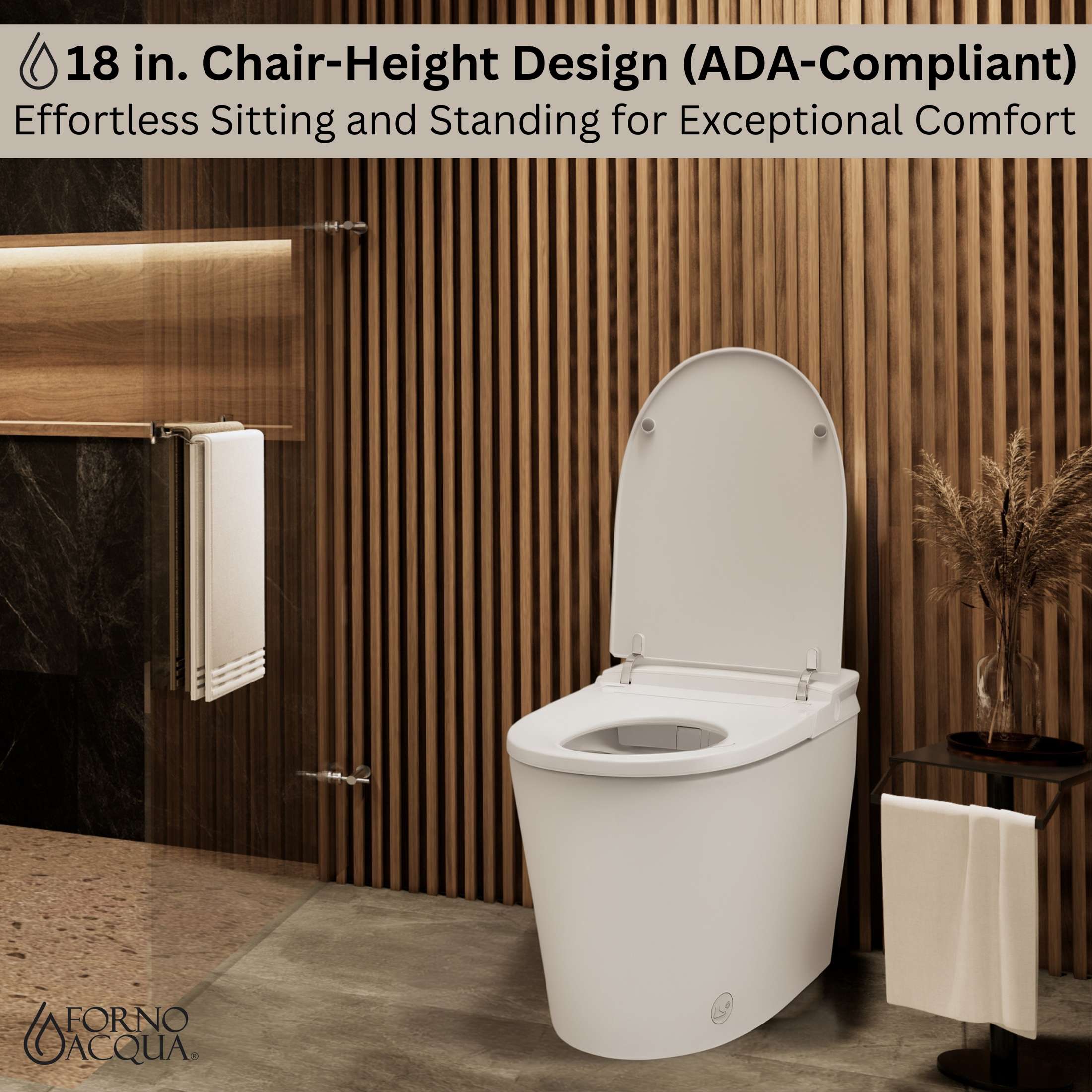 FORNO ACQUA Luxurious Smart Toilet. Includes Auto Flush, Auto Lid, Powerful Flush, sleek tankless design Ideal for Powder Rooms.