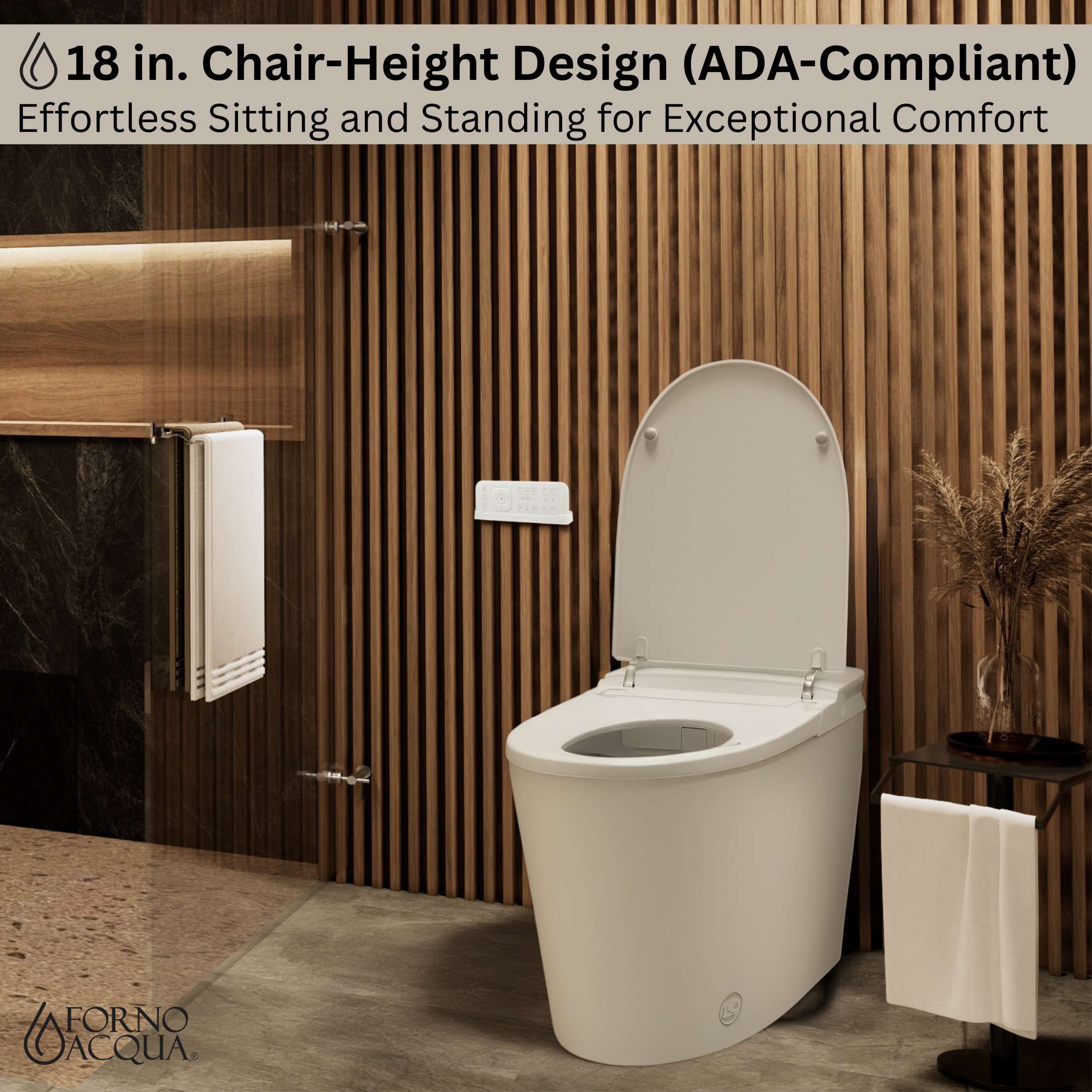 FORNO ACQUA Luxurious Super Smart Toilet. Includes Bidet, Heated Seat, Auto Flush, Auto Lid, Powerful Flush, Ideal for master bathrooms.