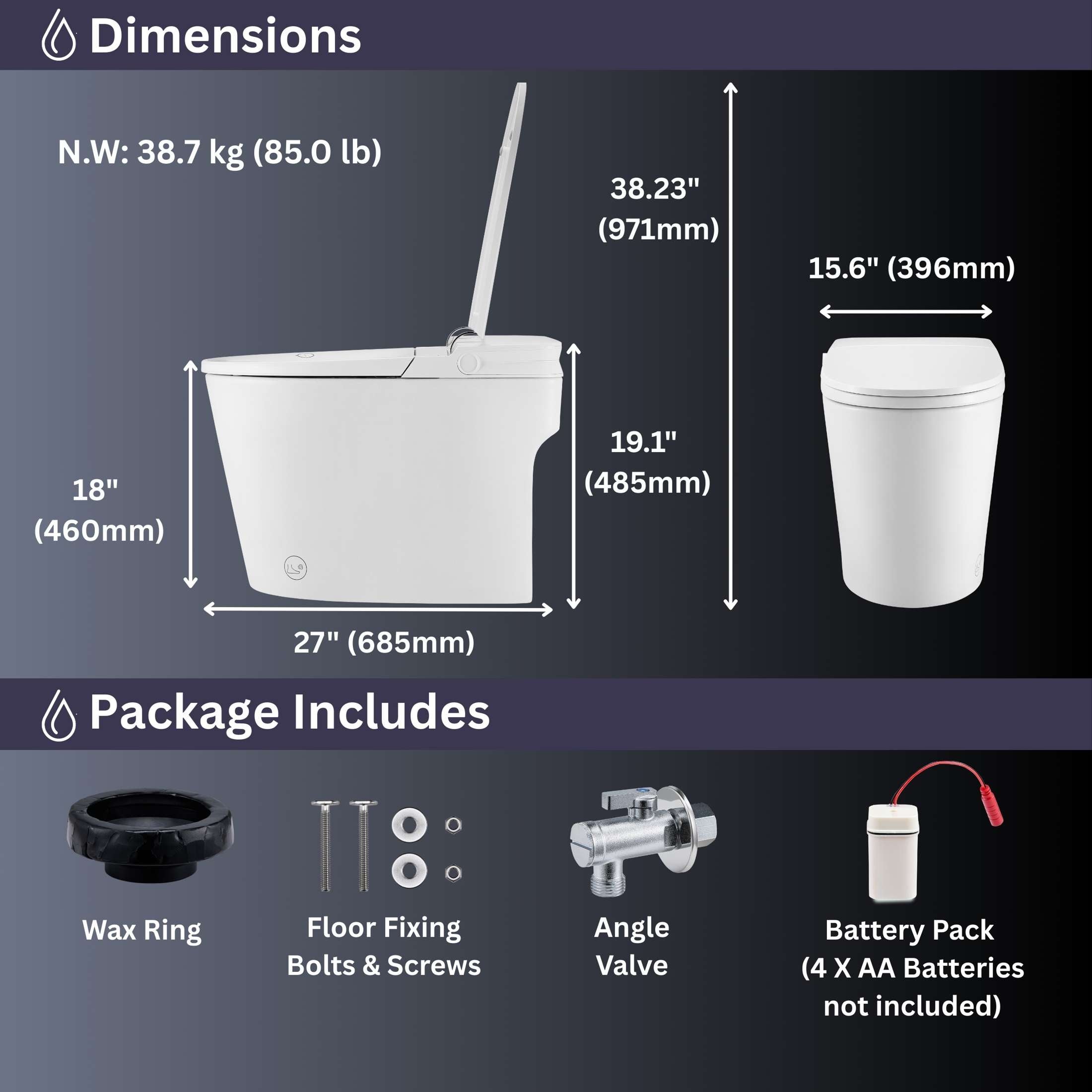 FORNO ACQUA Luxurious Smart Toilet. Includes Auto Flush, Powerful Flush, sleek tankless design Ideal for Powder Rooms.