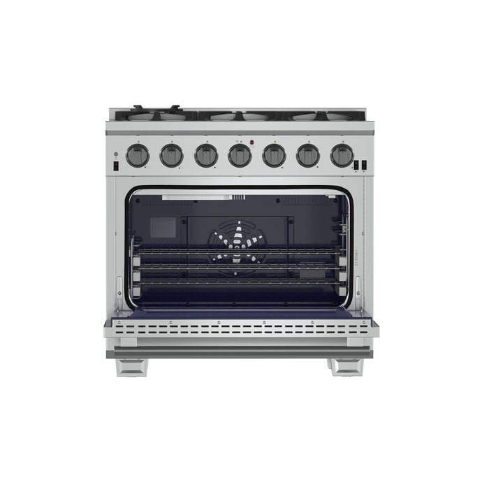 Forno Capriasca 36-Inch Gas Range, Stainless Steel, 6 Brass Burners, 120,000 BTU, Convection Oven, Energy Efficient