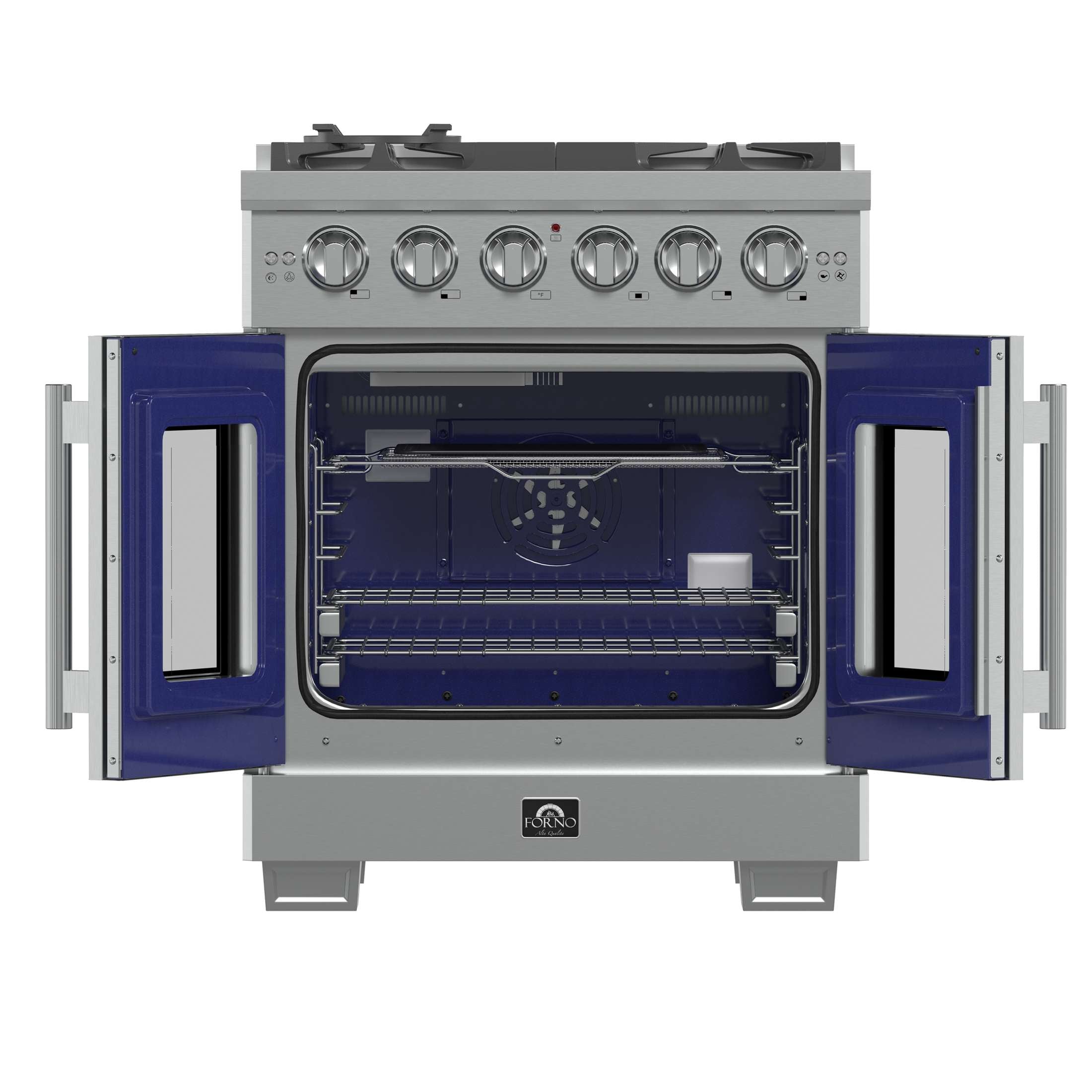Forno Capriasca 30-Inch Freestanding French Door Gas Range, 4 Burners, Convection Oven, Energy Efficient