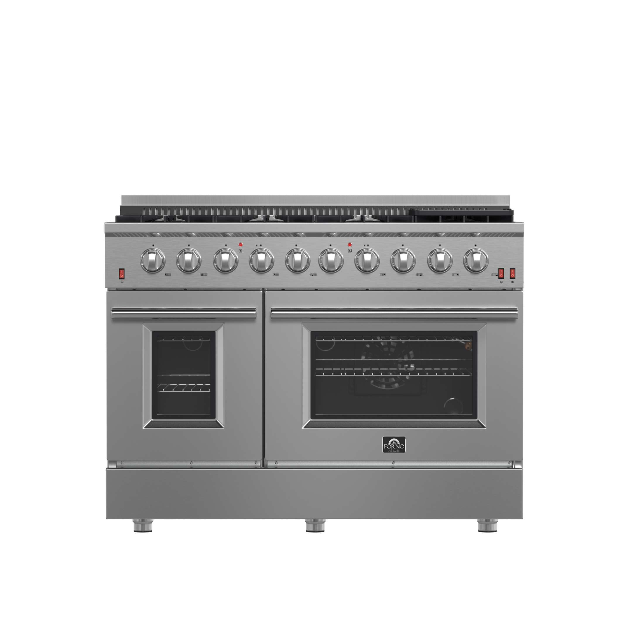 FORNO Premium 3-Piece Kitchen Bundle - FORNO Galiano 48" Freestanding Gas Range, FORNO Maderno 60" 2-Piece Convertible Refrigerator/Freezer Built-In with Decorative Grill Trim, 27.2 cu.ft., FORNO Orvieto 48" Wall Mount Range Hood - FBDL-018-04CAUS