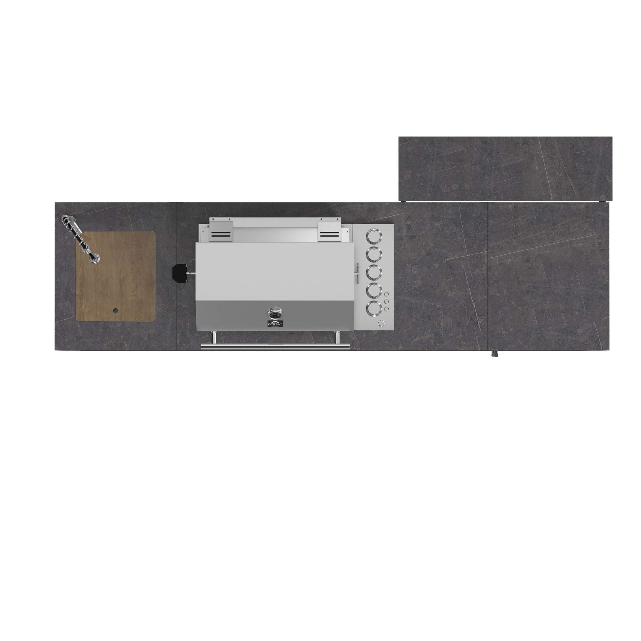 Forno Rimini Outdoor Kitchen 30" BBQ 62,600 BTU, 3 Burners with Sear & Rotisserie, 2.4 cu.ft. Beverage Center, Stainless Steel Sink, Black Cabinets & Gray Sintered Stone Countertop