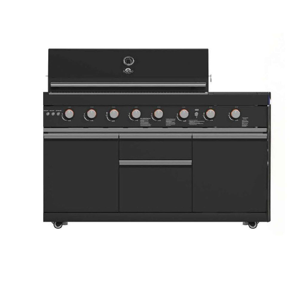 Forno All’Aperto 99,600 BTU Outdoor Kitchen, 5 Burners, Infrared Burners, Side Burner, Black Sintered Stone Countertops, Gas Pizza Oven, Sink Module, Bar & Beverage Center