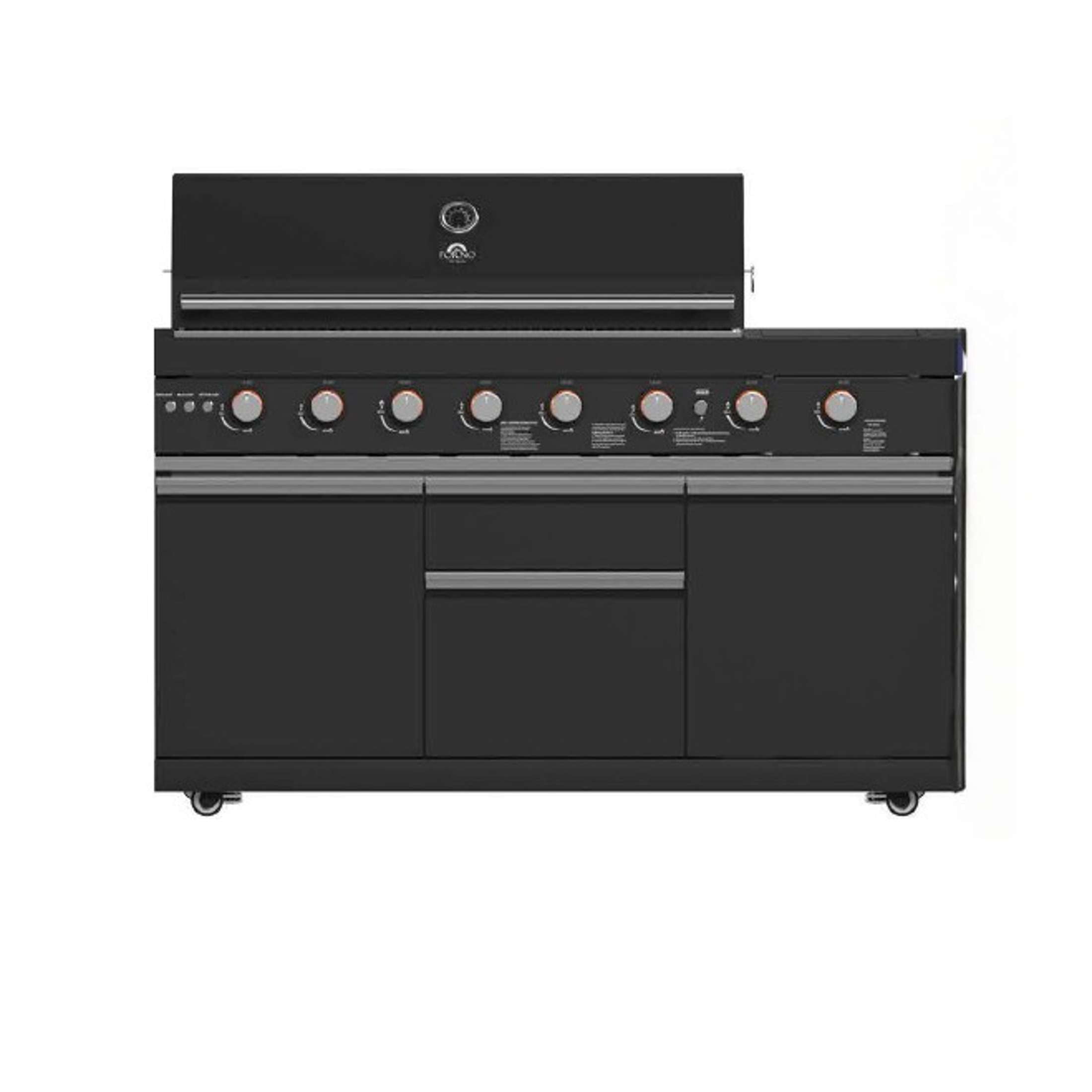 Forno All’Aperto 99,600 BTU Outdoor Kitchen, 5 Burners, Infrared Burners, Side Burner, Black Sintered Stone Countertops, Gas Pizza Oven, Sink Module, Bar & Beverage Center