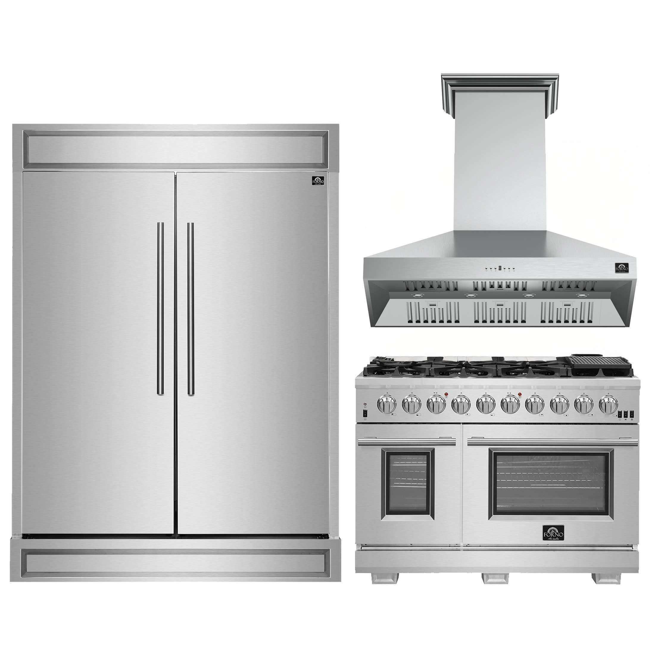 FORNO Premium 3-Piece Kitchen Bundle - FORNO Capriasca 48" Freestanding Gas Range, FORNO Maderno 60" 2-Piece Convertible Refrigerator/Freezer Built-In with Decorative Grill Trim, 27.2 cu.ft., FORNO Orvieto 48" Wall Mount Range Hood - FBDL-019-07CAUS