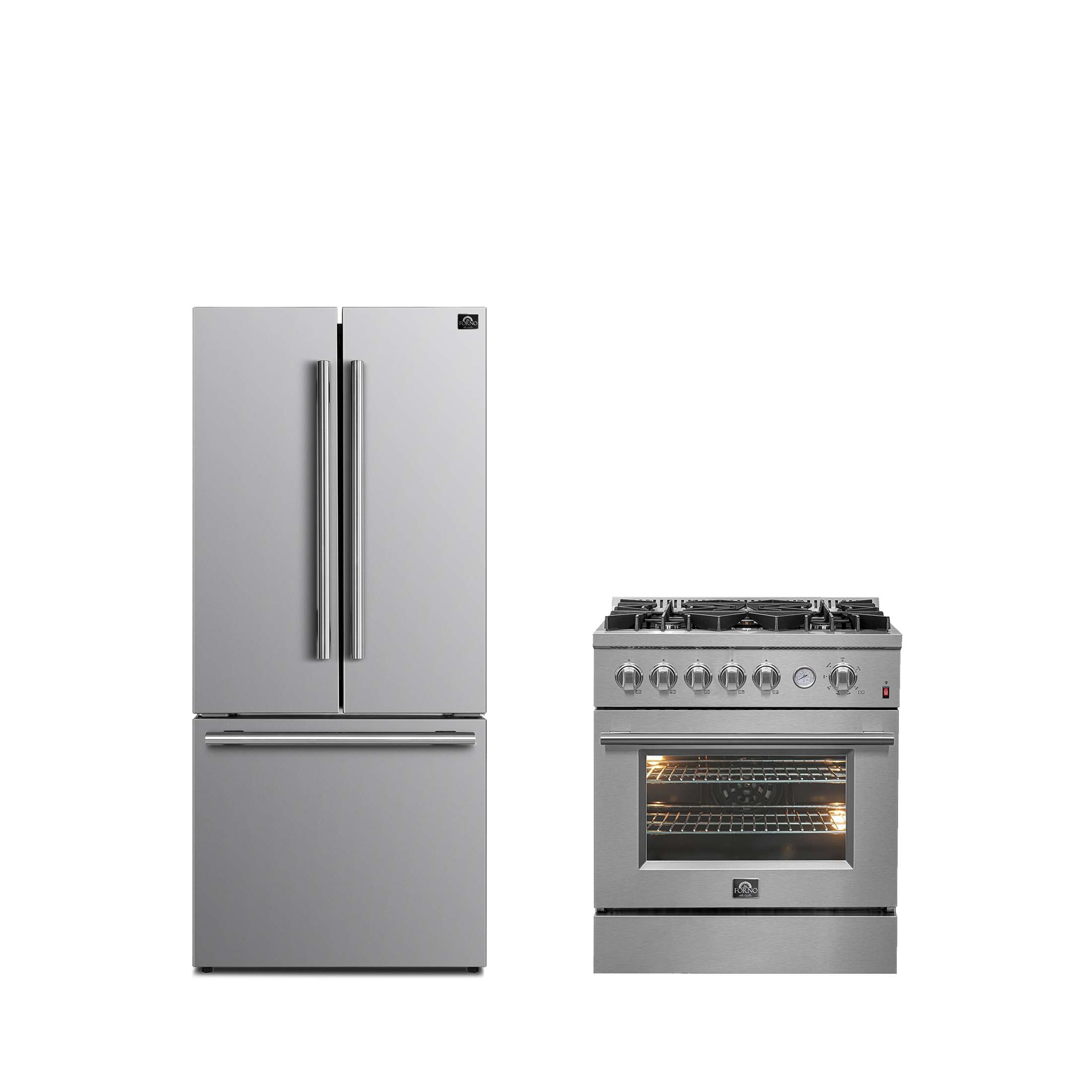 FORNO Premium 2-Piece Kitchen Bundle -Giovanni 30-inch Gas Range Stainless Steel, Forno Gallipoli 30" French Door Refrigerator with Bottom Freezer 17.5 cu. ft Capacity - FBDL-020-01CAUS