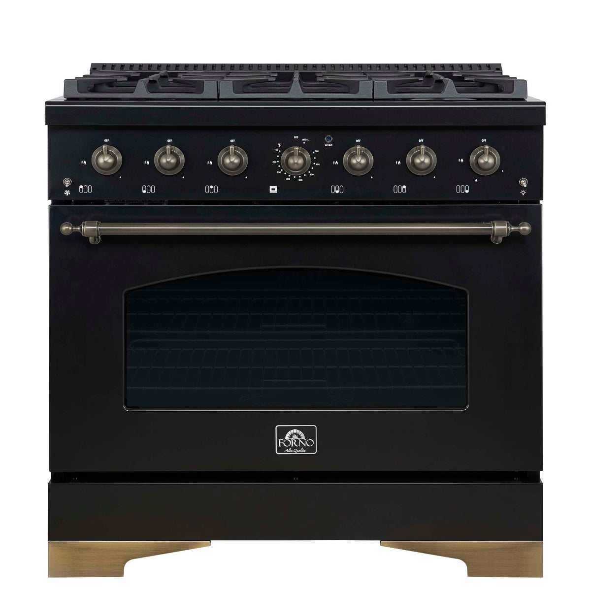 Forno Antico 36-inch Dual Fuel Range, Black and Antique Brass, 6 Burners, 4.5 cu.ft. Convection Oven