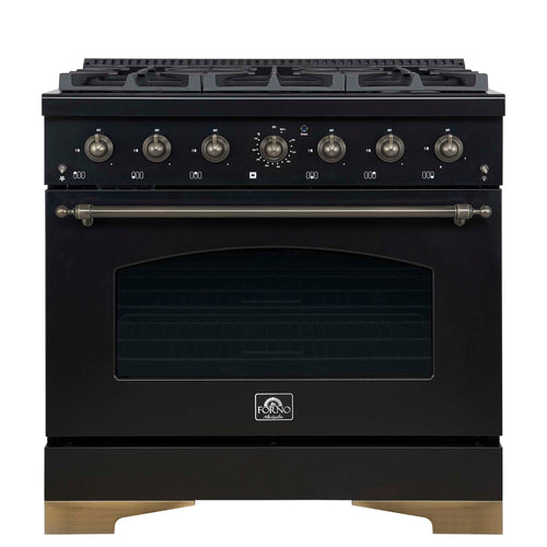 Forno Antico 36-inch Dual Fuel Range, Black and Antique Brass, 6 Burners, 4.5 cu.ft. Convection Oven