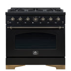 Forno Antico 36-inch Dual Fuel Range, Black and Antique Brass, 6 Burners, 4.5 cu.ft. Convection Oven