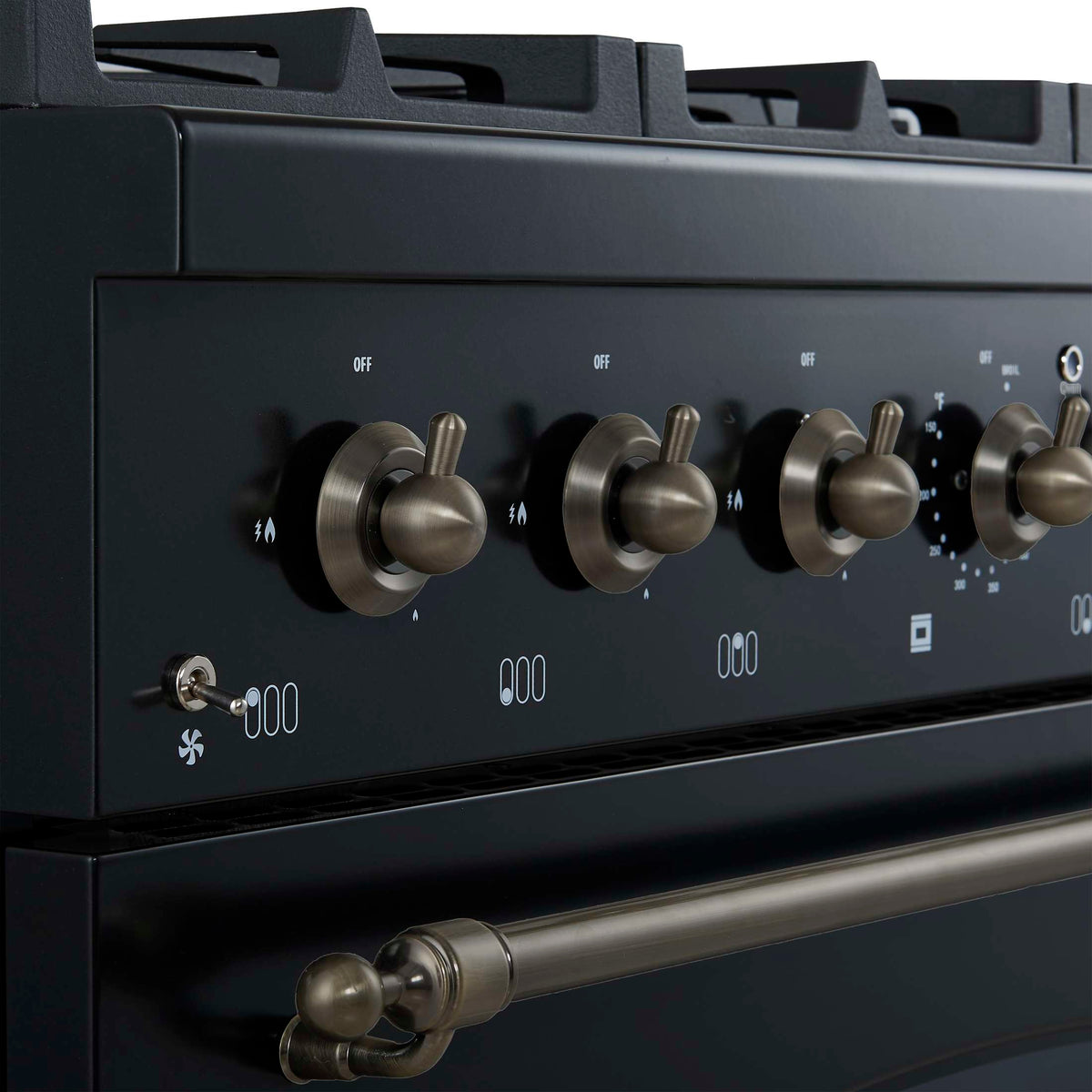Forno Antico 36-inch Dual Fuel Range, Black and Antique Brass, 6 Burners, 4.5 cu.ft. Convection Oven