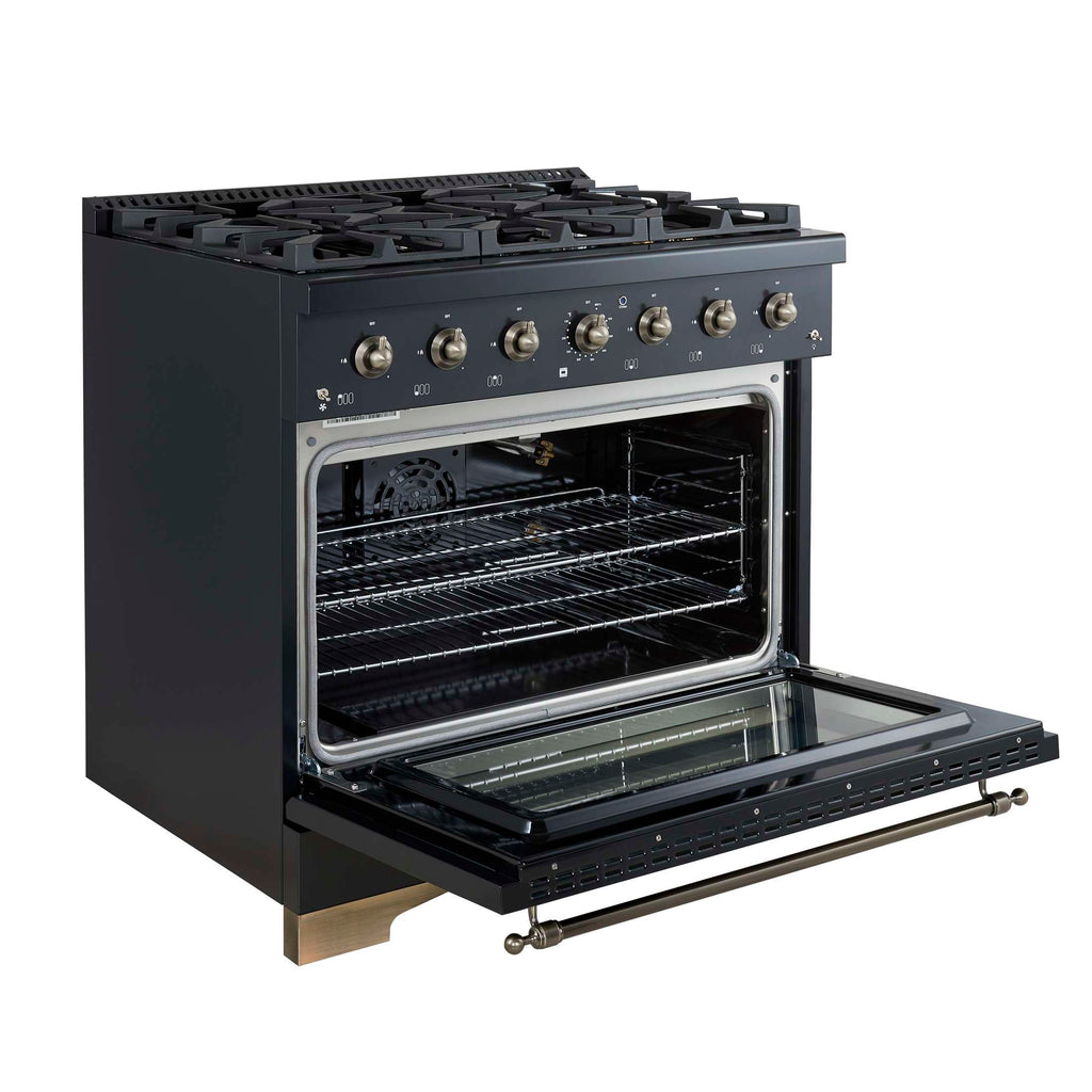 Forno Antico 36-inch Dual Fuel Range, Black and Antique Brass, 6 Burners, 4.5 cu.ft. Convection Oven