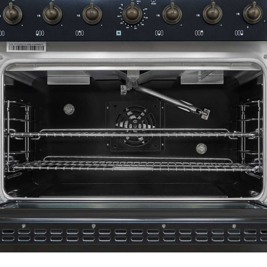 Forno Antico 36-inch Dual Fuel Range, Black and Antique Brass, 6 Burners, 4.5 cu.ft. Convection Oven