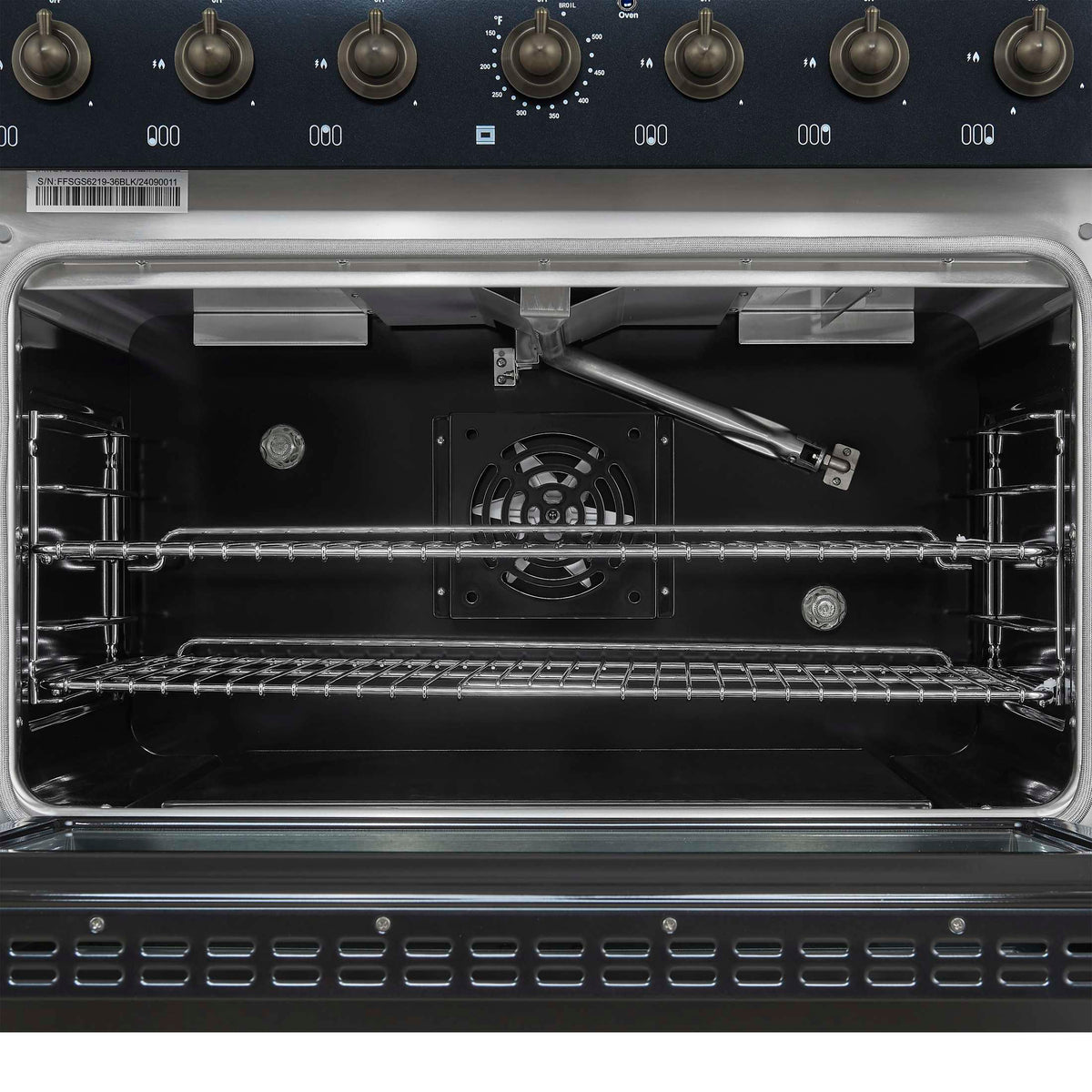 Forno Antico 36-inch Dual Fuel Range, Black and Antique Brass, 6 Burners, 4.5 cu.ft. Convection Oven