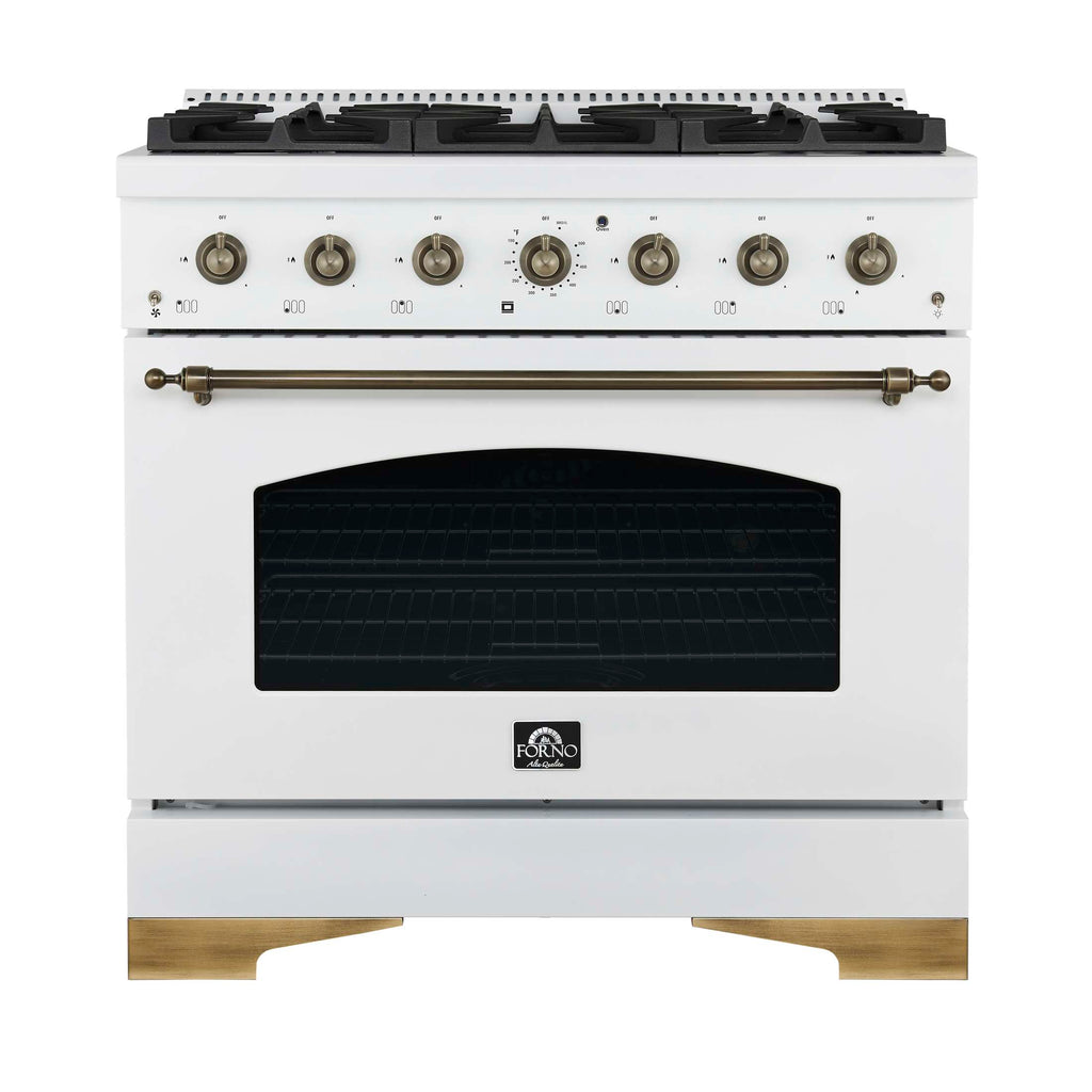 Forno Antico 36-inch Dual Fuel Range White and Antique Brass Design with 6 Sealed Gas Burners and Electric Convection Oven