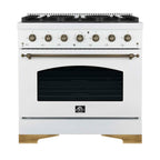 Forno Antico 36-inch Dual Fuel Range White and Antique Brass Design with 6 Sealed Gas Burners and Electric Convection Oven