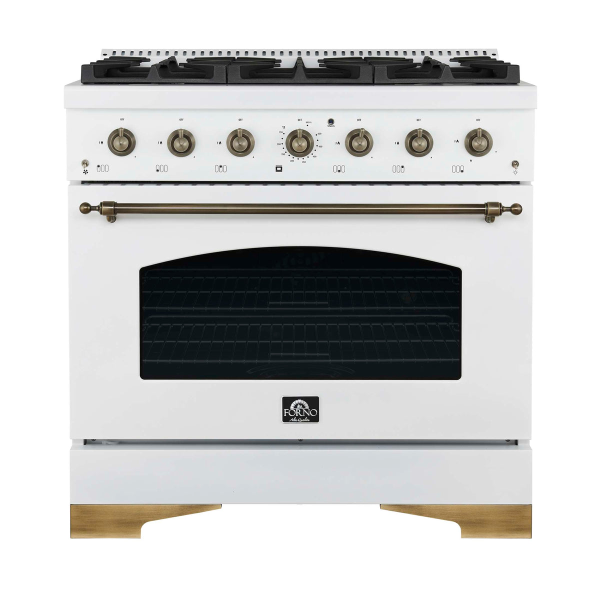 Forno Antico 36-inch Dual Fuel Range White and Antique Brass Design with 6 Sealed Gas Burners and Electric Convection Oven