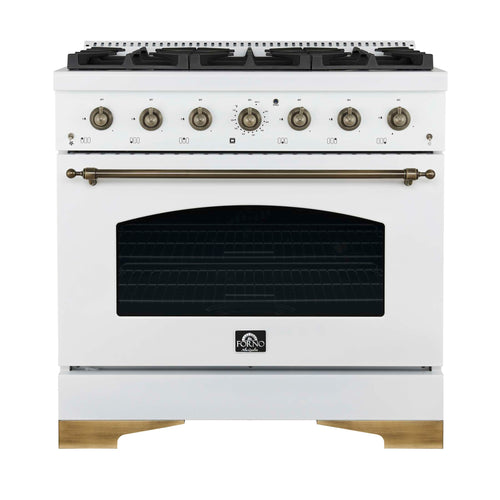 Forno Antico 36-inch Dual Fuel Range White and Antique Brass Design with 6 Sealed Gas Burners and Electric Convection Oven