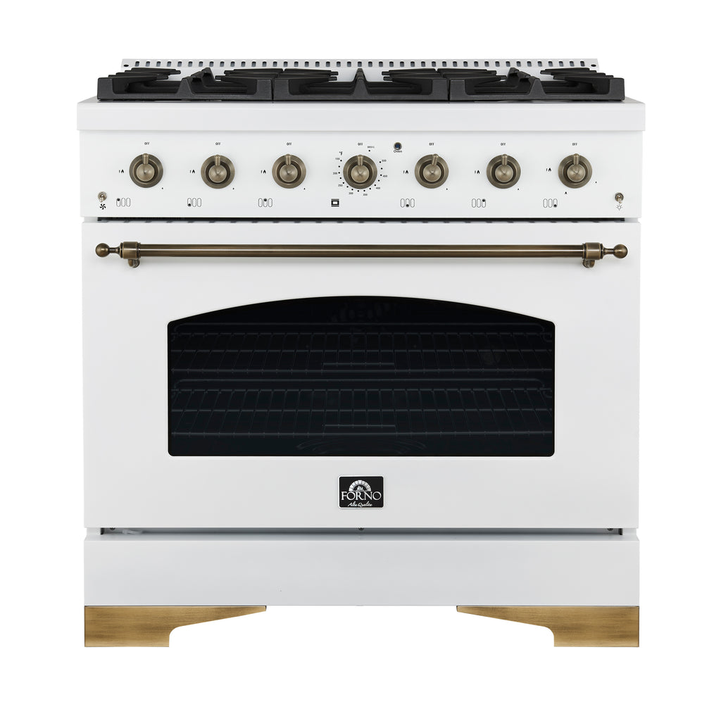 Forno Antico 36-inch Dual Fuel Range White and Antique Brass Design with 6 Sealed Gas Burners and Electric Convection Oven