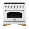 Forno Antico 36-inch Dual Fuel Range White and Antique Brass Design with 6 Sealed Gas Burners and Electric Convection Oven