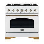 Forno Antico 36-inch Dual Fuel Range White and Antique Brass Design with 6 Sealed Gas Burners and Electric Convection Oven