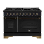Forno Antico 48-Inch Dual Fuel Range, Black with Antique Brass Finish, 8 Burners, 94,000 BTU, 5.5 cu.ft. Double Ovens & Griddle