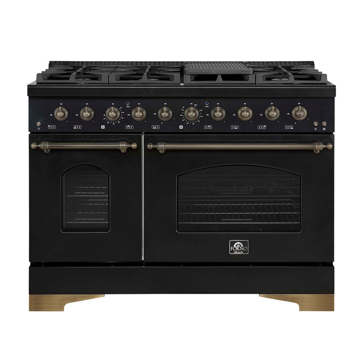 Forno Antico 48-Inch Dual Fuel Range, Black with Antique Brass Finish, 8 Burners, 94,000 BTU, 5.5 cu.ft. Double Ovens & Griddle