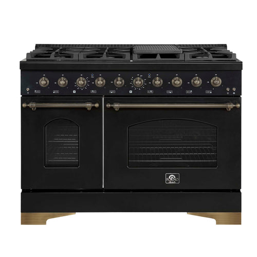 Forno Antico 48-Inch Dual Fuel Range, Black with Antique Brass Finish, 8 Burners, 94,000 BTU, 5.5 cu.ft. Double Ovens & Griddle