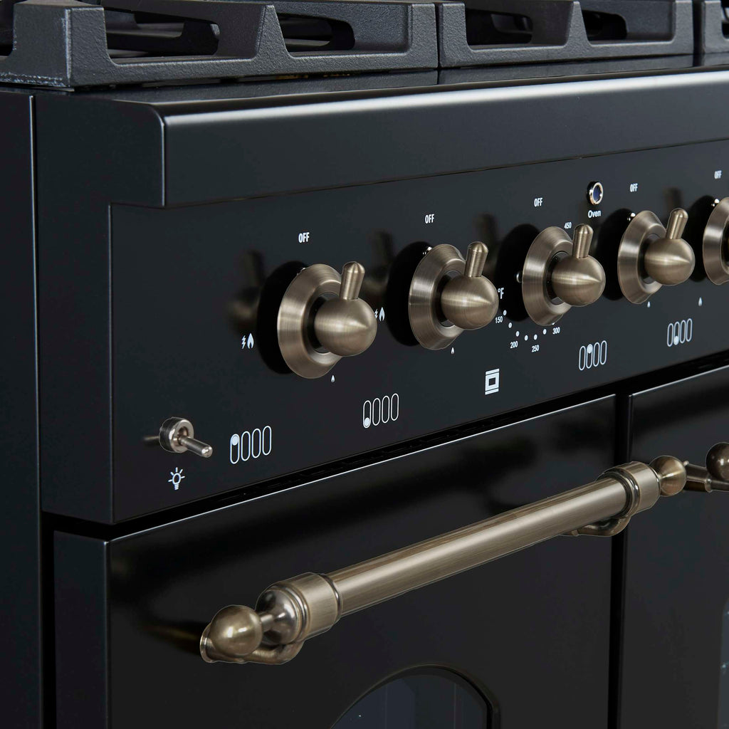 Forno Antico 48-Inch Dual Fuel Range, Black with Antique Brass Finish, 8 Burners, 94,000 BTU, 5.5 cu.ft. Double Ovens & Griddle