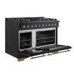 Forno Antico 48-Inch Dual Fuel Range, Black with Antique Brass Finish, 8 Burners, 94,000 BTU, 5.5 cu.ft. Double Ovens & Griddle