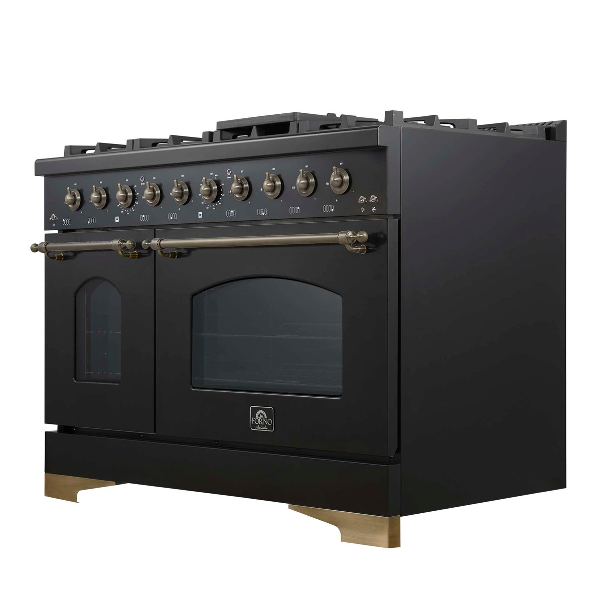 Forno Antico 48-Inch Dual Fuel Range, Black with Antique Brass Finish, 8 Burners, 94,000 BTU, 5.5 cu.ft. Double Ovens & Griddle