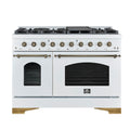 Forno Antico 48-Inch Dual Fuel Range, White with Antique Brass Finish, 8 Burners, 94,000 BTU, 5.5 cu.ft. Double Ovens & Griddle