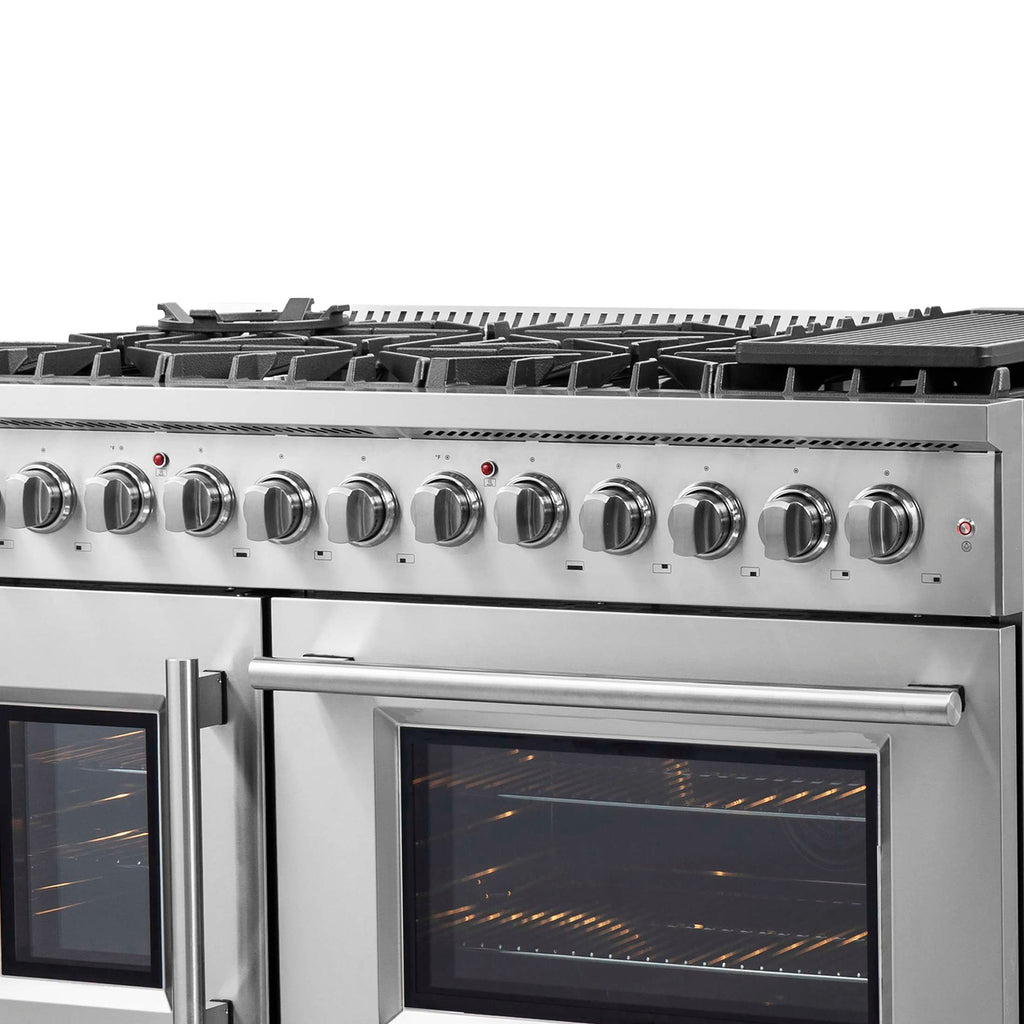 FORNO Galiano 48-Inch French Door Dual Fuel Range All Stainless Steel, 8 Sealed Burners, 107,000 BTU, Griddle, 6.58 cu.ft. Double Ovens
