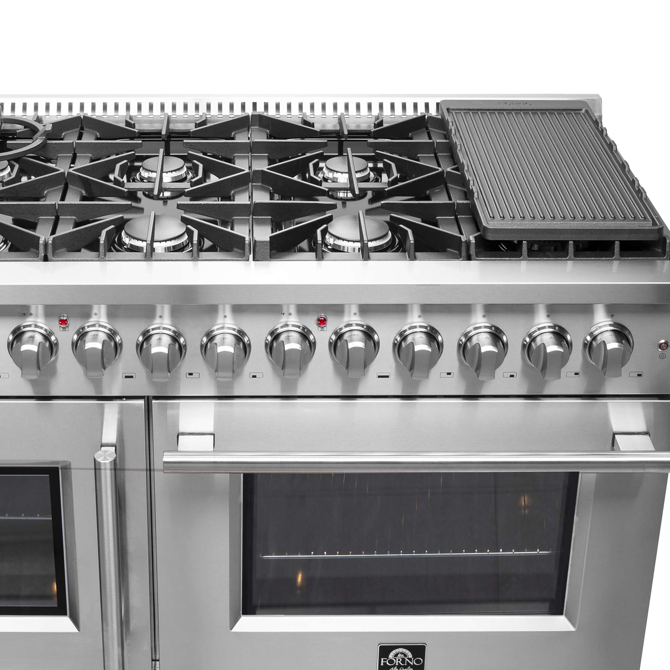 FORNO Galiano 48-Inch French Door Dual Fuel Range All Stainless Steel, 8 Sealed Burners, 107,000 BTU, Griddle, 6.58 cu.ft. Double Ovens