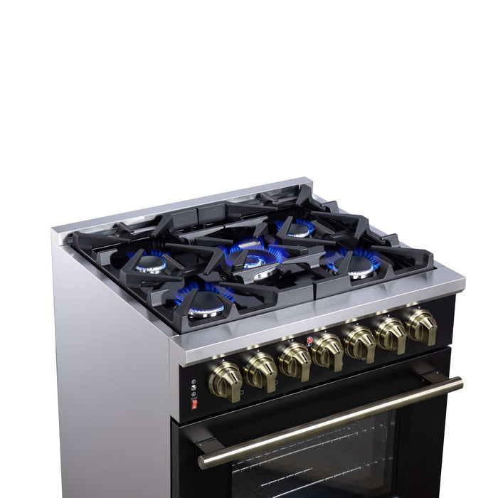 Forno Massimo 30 Inch Freestanding Dual Fuel Range in Black with Antique Brass Accessories, 4 Burners, 4.32 cu. ft. Convection Oven