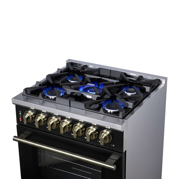 Forno Massimo 30 Inch Freestanding Dual Fuel Range in Black with Antique Brass Accessories, 4 Burners, 4.32 cu. ft. Convection Oven