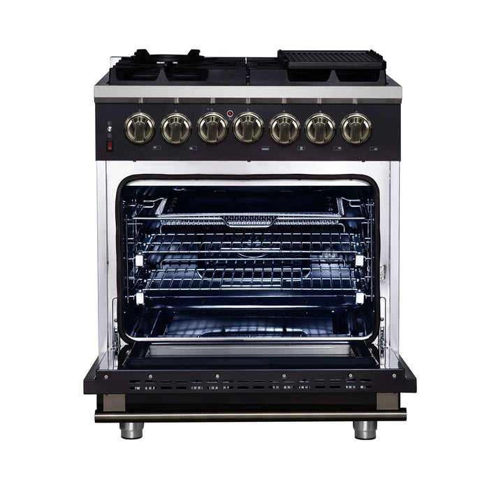 Forno Massimo 30 Inch Freestanding Dual Fuel Range in Black with Antique Brass Accessories, 4 Burners, 4.32 cu. ft. Convection Oven