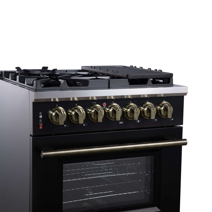 Forno Massimo 30 Inch Freestanding Dual Fuel Range in Black with Antique Brass Accessories, 4 Burners, 4.32 cu. ft. Convection Oven