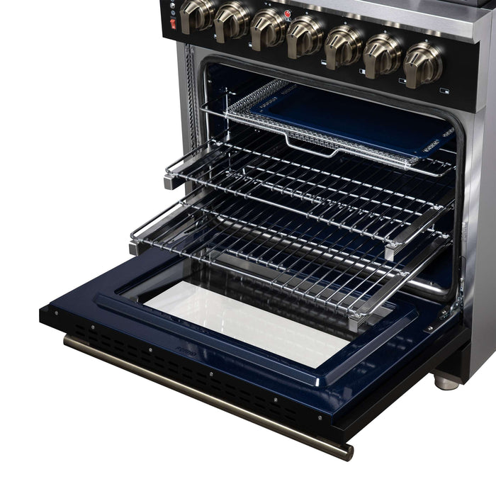 Forno Massimo 30 Inch Freestanding Dual Fuel Range in Black with Antique Brass Accessories, 4 Burners, 4.32 cu. ft. Convection Oven