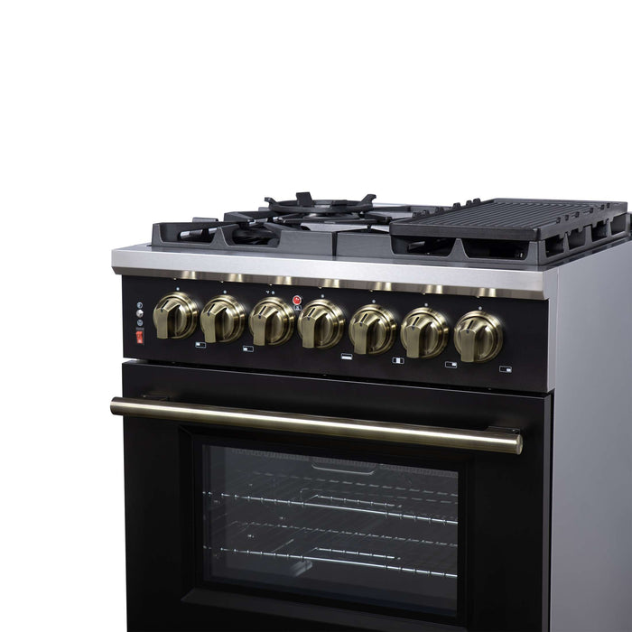 Forno Massimo 30 Inch Freestanding Dual Fuel Range in Black with Antique Brass Accessories, 4 Burners, 4.32 cu. ft. Convection Oven