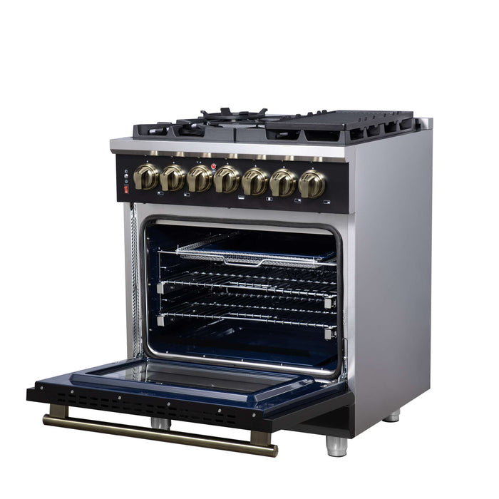 Forno Massimo 30 Inch Freestanding Dual Fuel Range in Black with Antique Brass Accessories, 4 Burners, 4.32 cu. ft. Convection Oven