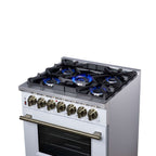 Forno Massimo 30-Inch Freestanding Dual Fuel Range in White with Antique Brass Accessories, 4 Burners, 4.32 cu. ft. Convection Oven