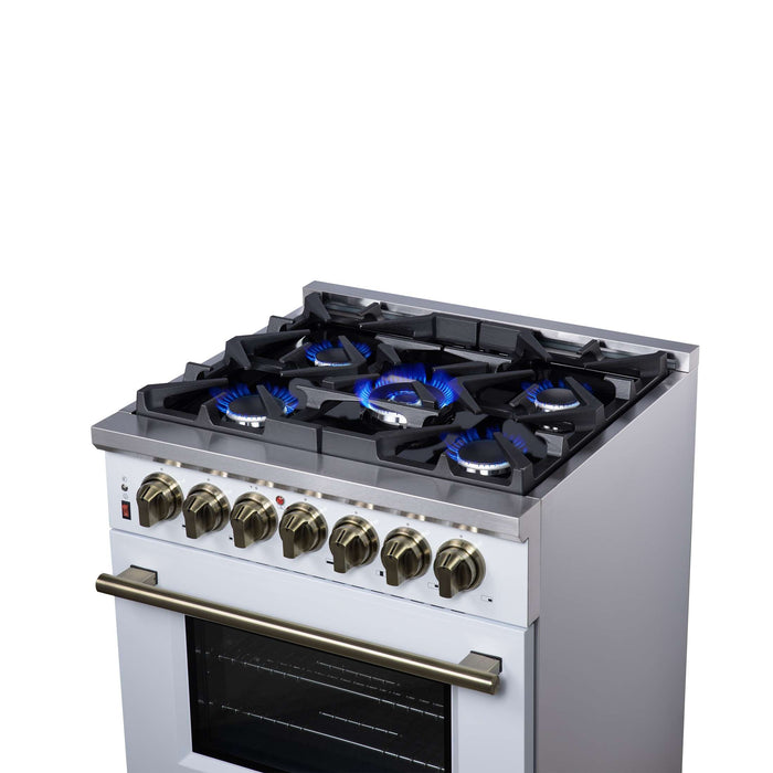Forno Massimo 30 Inch Freestanding Dual Fuel Range in White with Antique Brass Accessories, 4 Burners, 4.32 cu. ft. Convection Oven